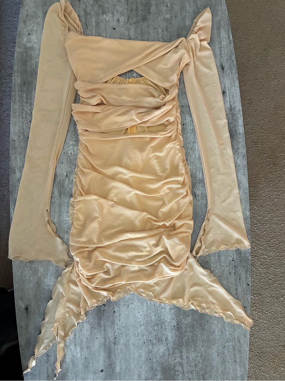 Oh Polly Sheer Ruched Twist cut out long sleeve mini dress in Champagne